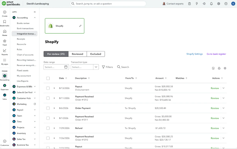 QuickBooks Online reviewing Shopify payouts and payments