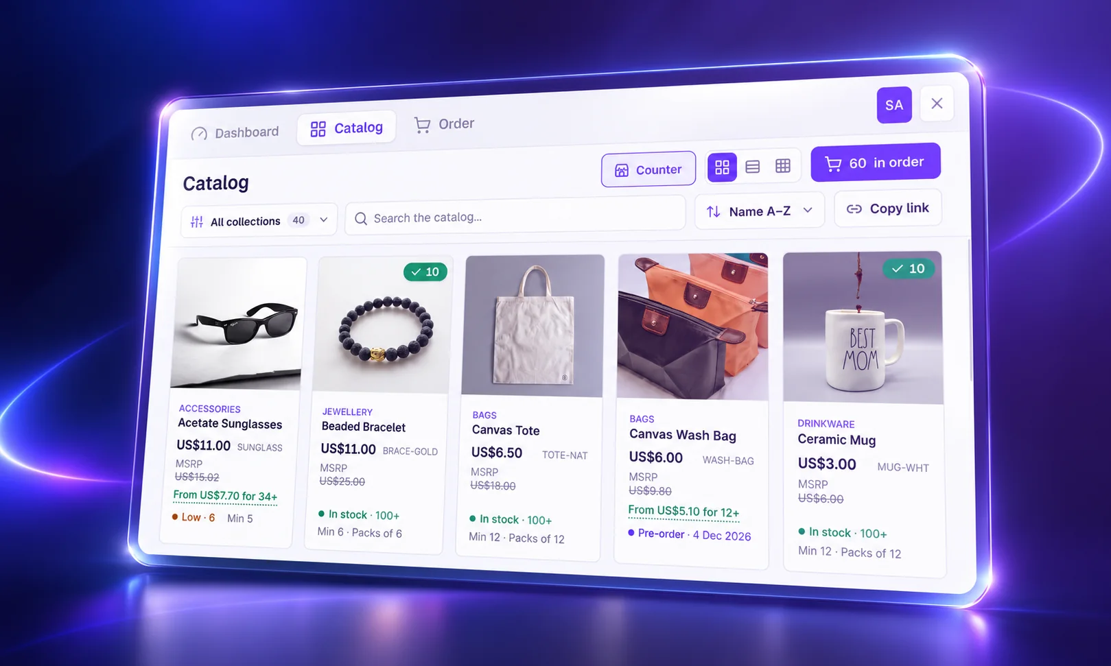 Catalog in SparkLayer 5: a visual product grid with each customer's trade prices, stock and pack sizes