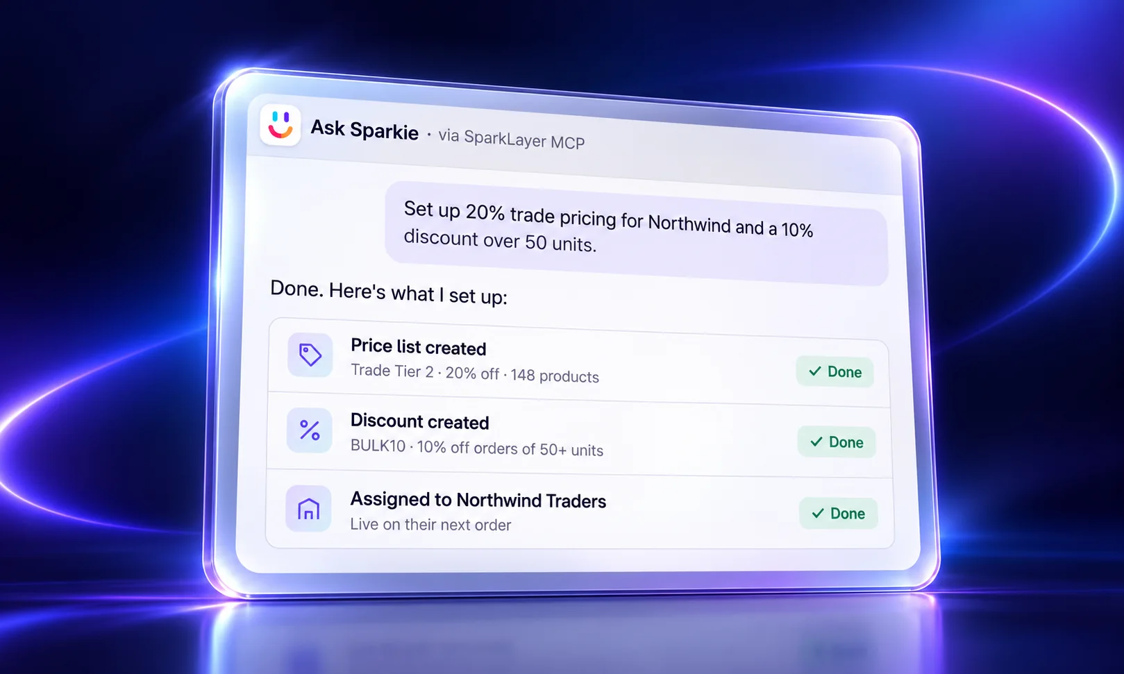 Ask Sparkie through the SparkLayer MCP: setting up trade pricing and a volume discount in one request