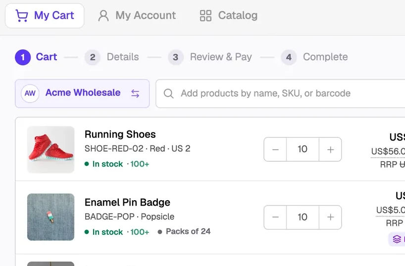 The SparkLayer cart: a trade customer's products at their own prices, with quantities and stock