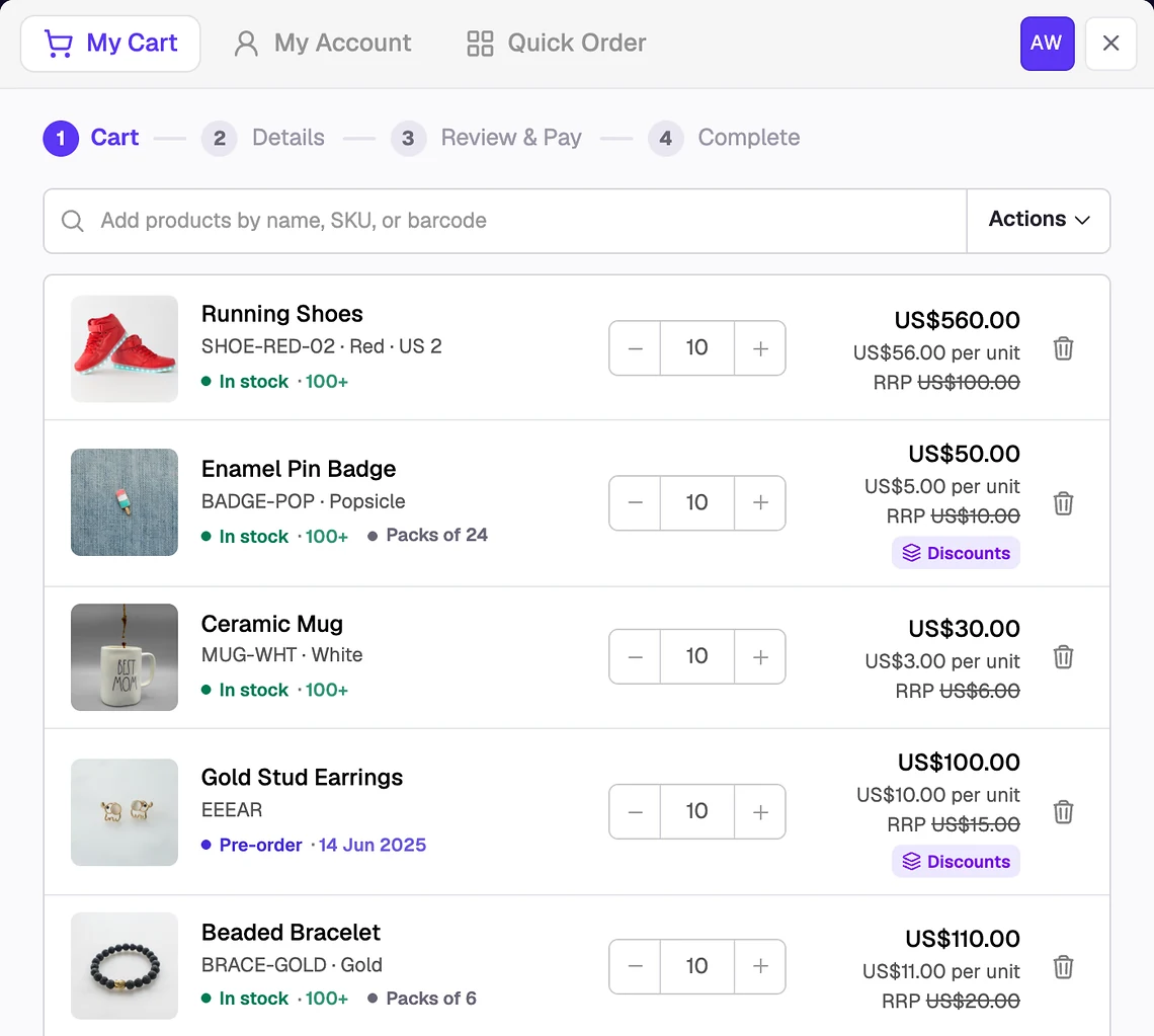 A trade customer's cart in SparkLayer: their own unit prices against RRP, pack sizes and discounts on each line