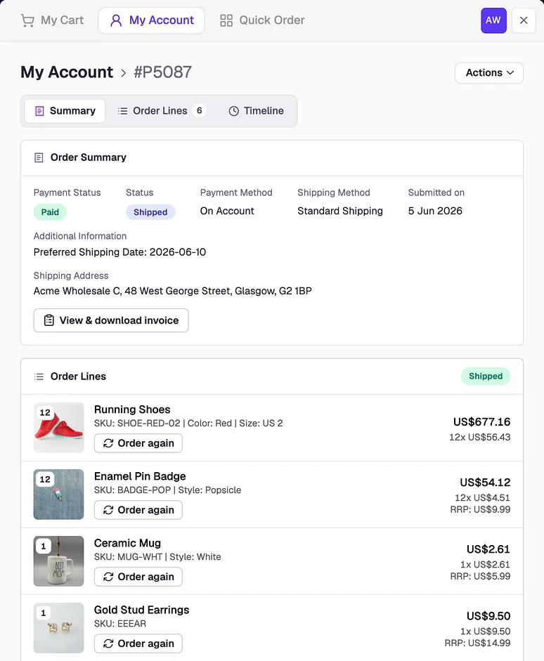 A past order in a trade customer's SparkLayer account: paid and shipped, with an invoice to download and Order again on every line