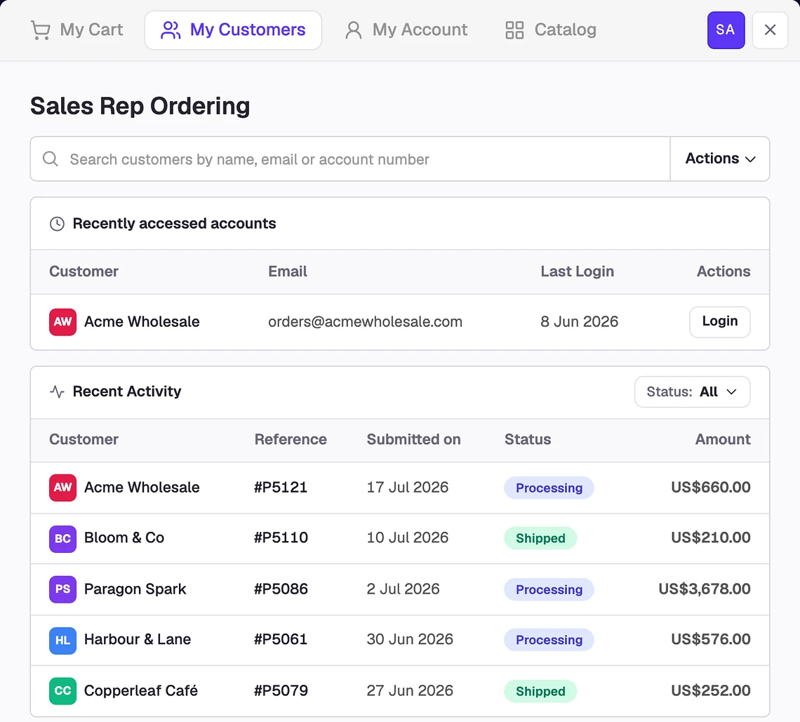 Sales Rep Ordering in SparkLayer: search the customers, log in to a recently accessed account, and every recent order