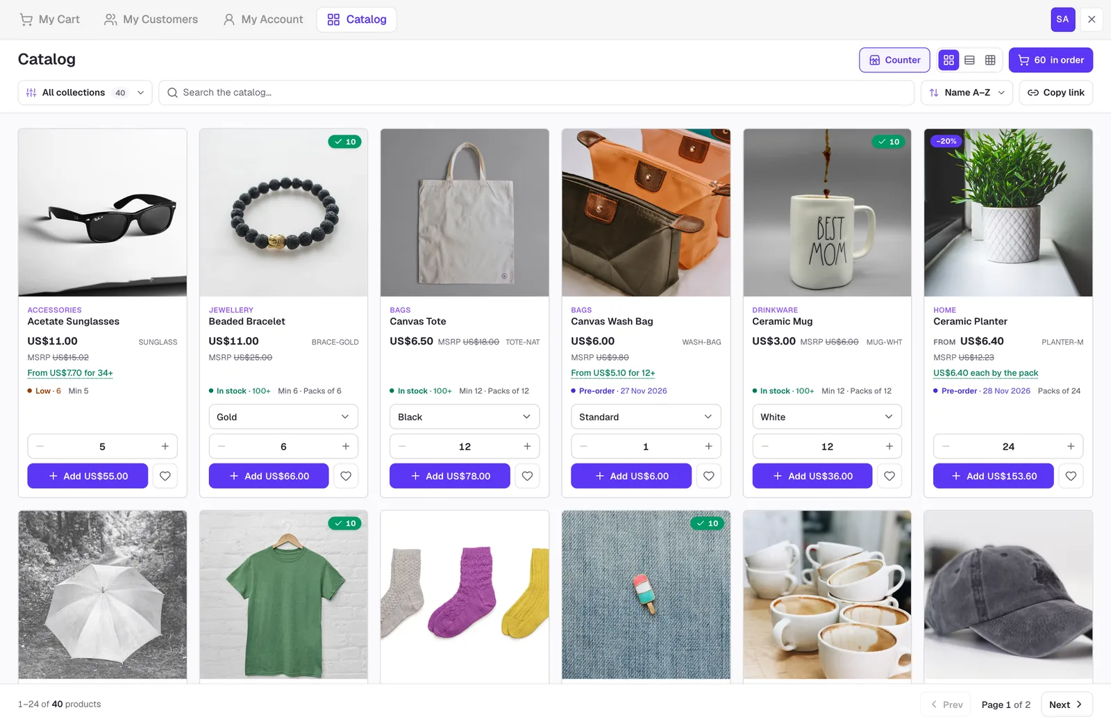 SparkLayer quick buy: the catalogue as product cards with trade prices, volume breaks, stock, pack minimums and add to order.