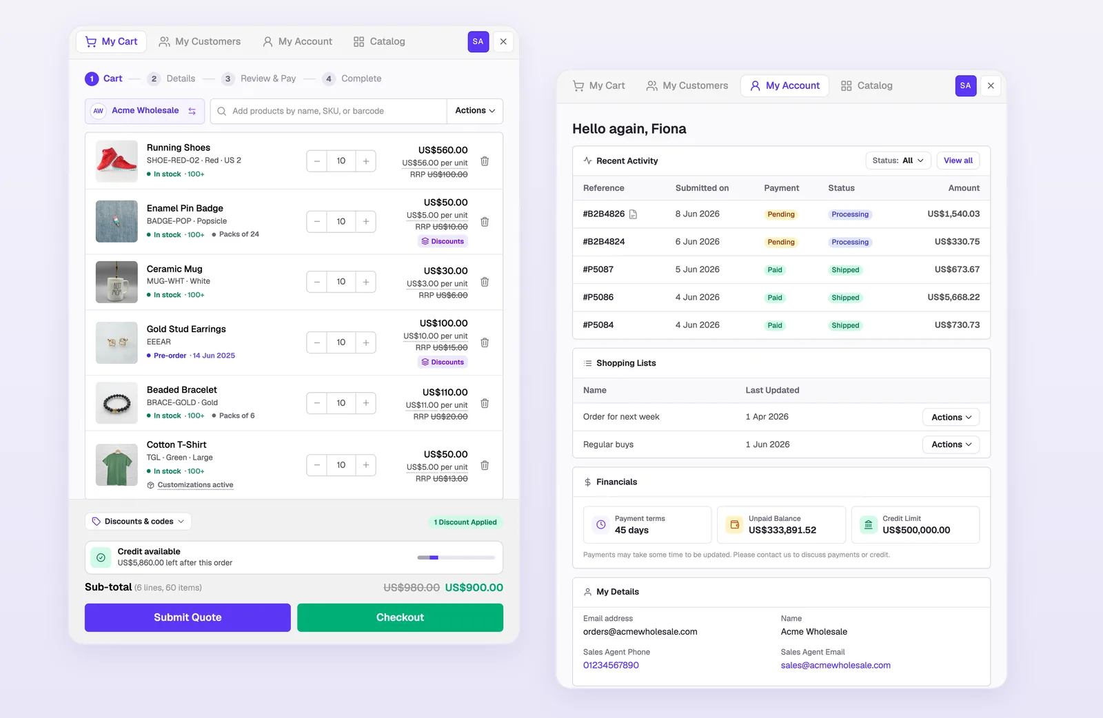 The SparkLayer B2B cart at the customer's prices beside their account: orders, shopping lists, payment terms and credit.